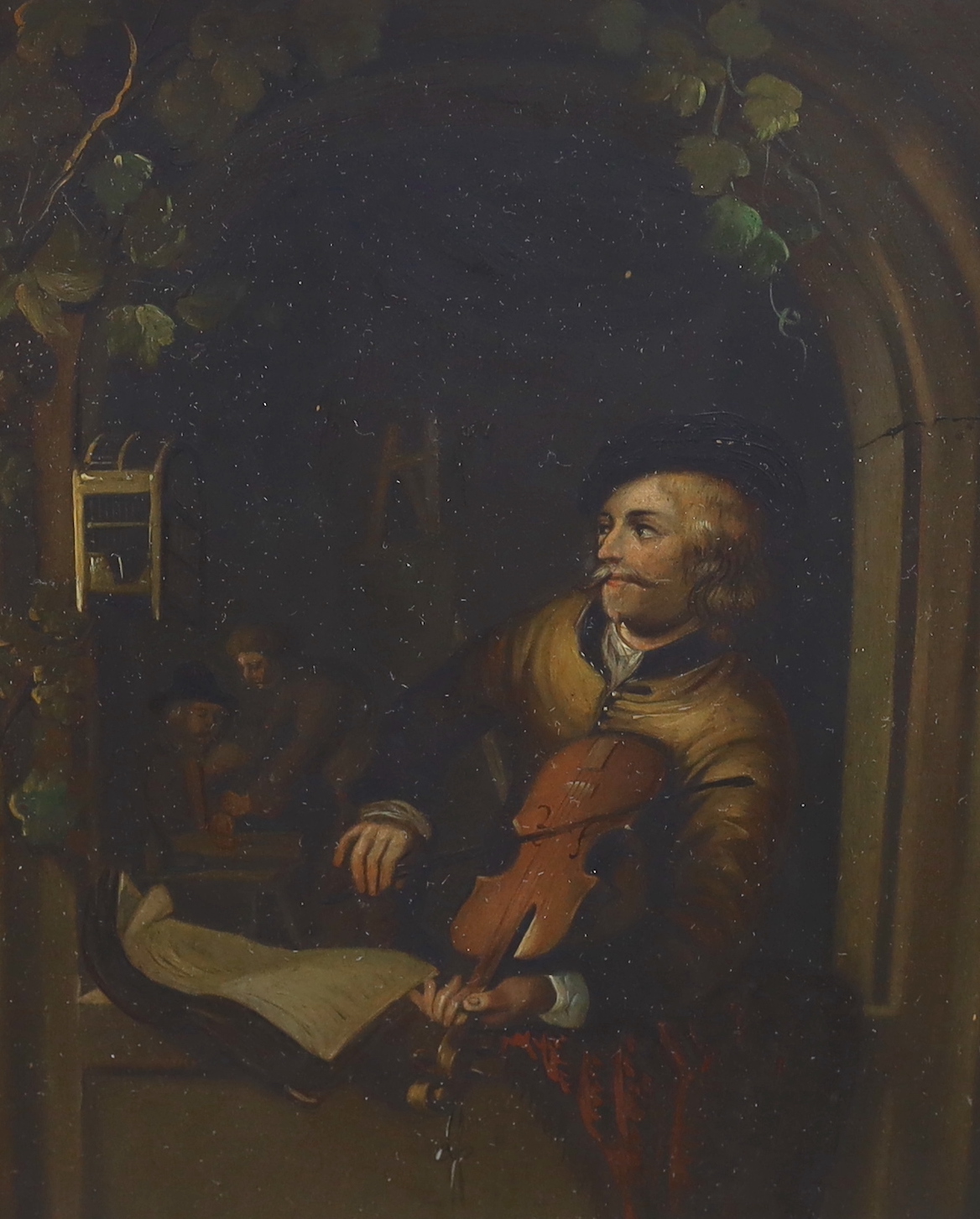 19th century German school, set of five oils on zinc, including figure playing a violin and a tavern scene, ornate gilt framed, 19 x 16cm